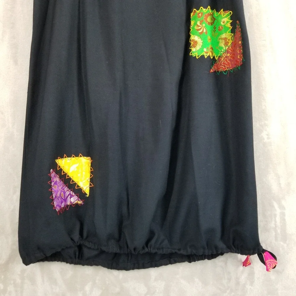 Vintage Sacred Threads Skirt Women S/M Black Maxi Patchwork Ruched‎ Side Hippie